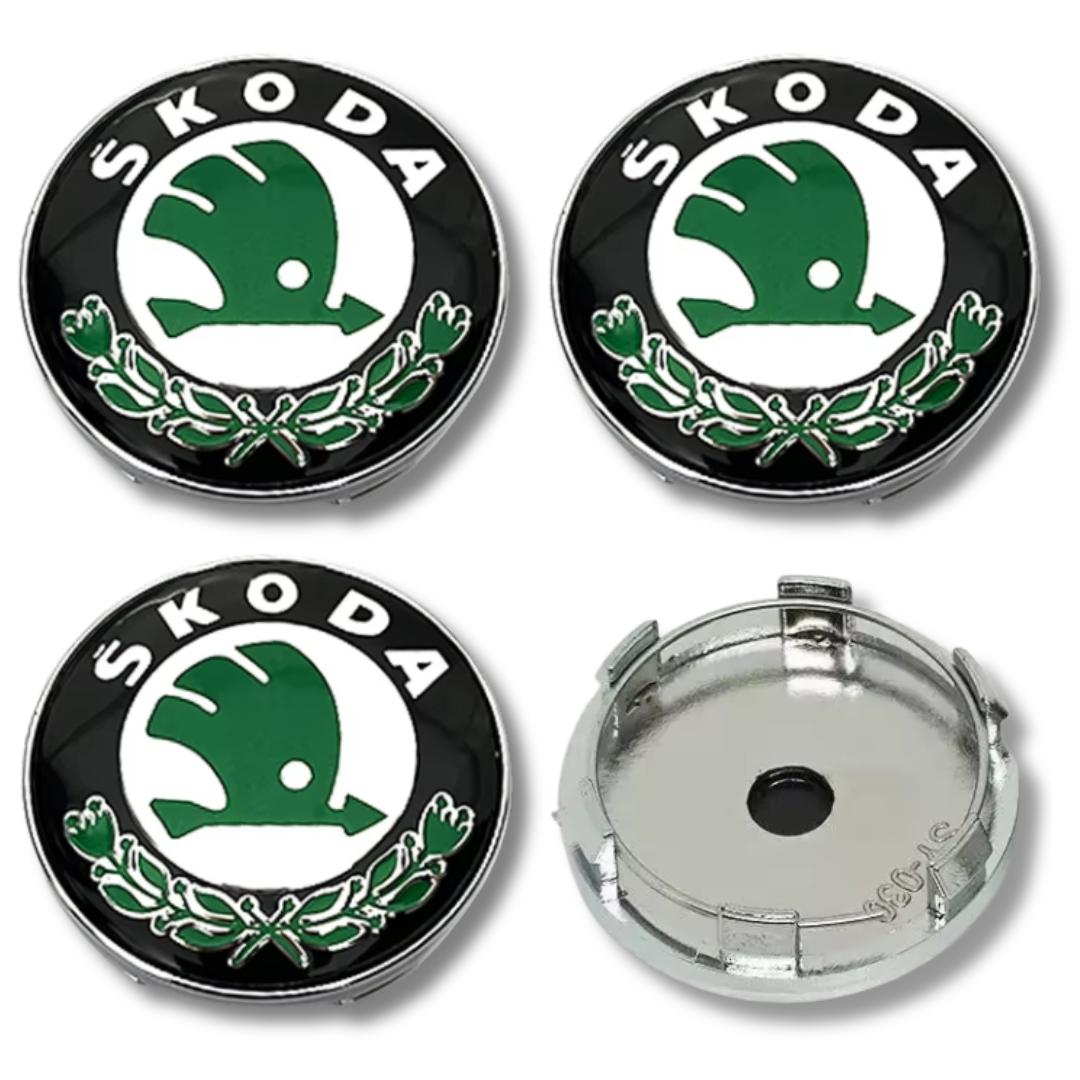 Skoda 60mm Black Green plastic Centre Caps Set, set of 4, OEM 5JA601151A