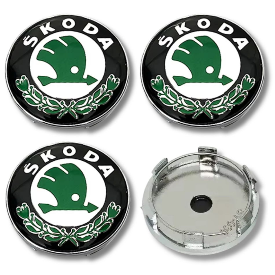 Skoda 60mm Black Green plastic Centre Caps Set, set of 4, OEM 5JA601151A
