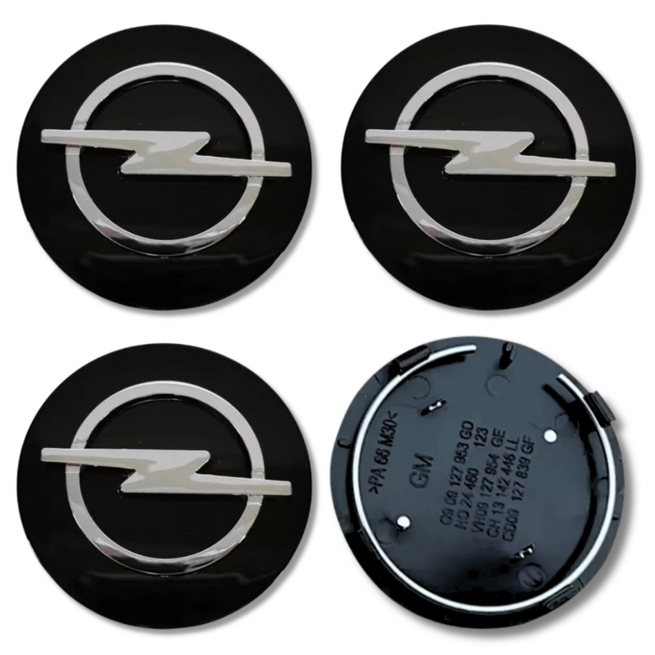 Opel 64mm Black plastic Centre Caps Set, set of 4, OEM 13276166
