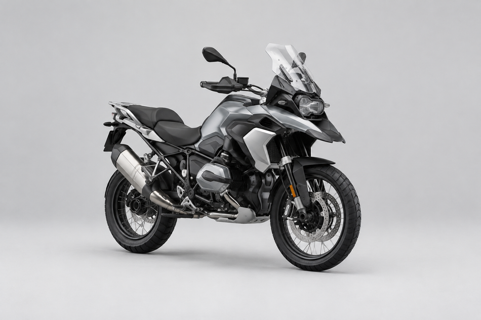 Grey adventure-touring motorcycle on a light studio background for BMW Motorcycle Parts.