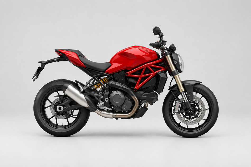 Red naked sport motorcycle on a light studio background for Ducati Motorcycle Parts.