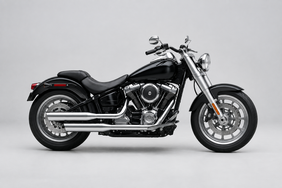Black cruiser motorcycle with chrome details on a light studio background for Harley-Davidson Motorcycle Parts.