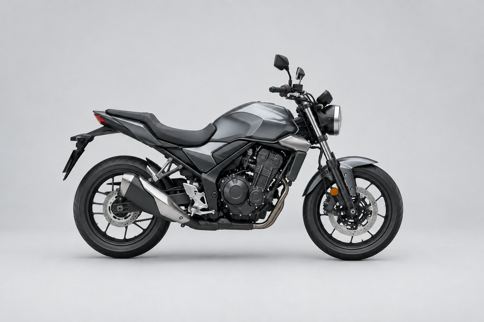 Dark standard road motorcycle on a light studio background for Honda Motorcycle Parts.