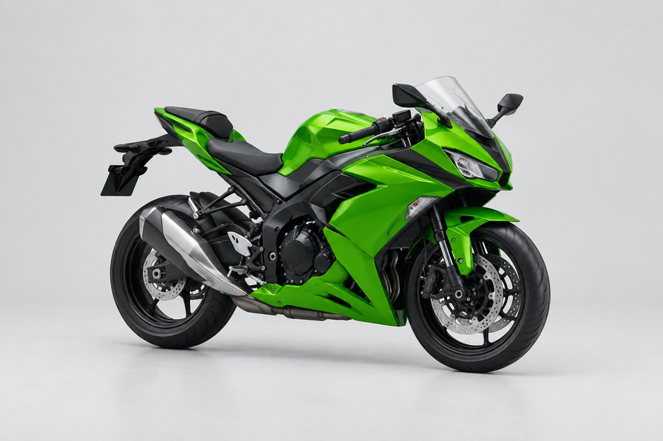 Green fully faired sport motorcycle on a light studio background for Kawasaki Motorcycle Parts.