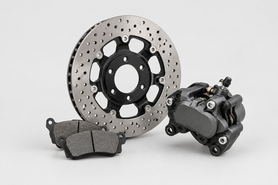 Motorcycle brake disc caliper and pads on a light grey background.