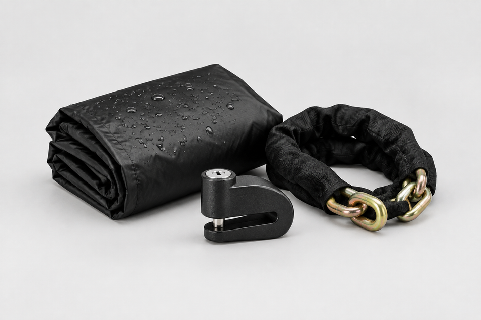 Folded waterproof motorcycle cover with a security chain and disc lock on a light grey background.