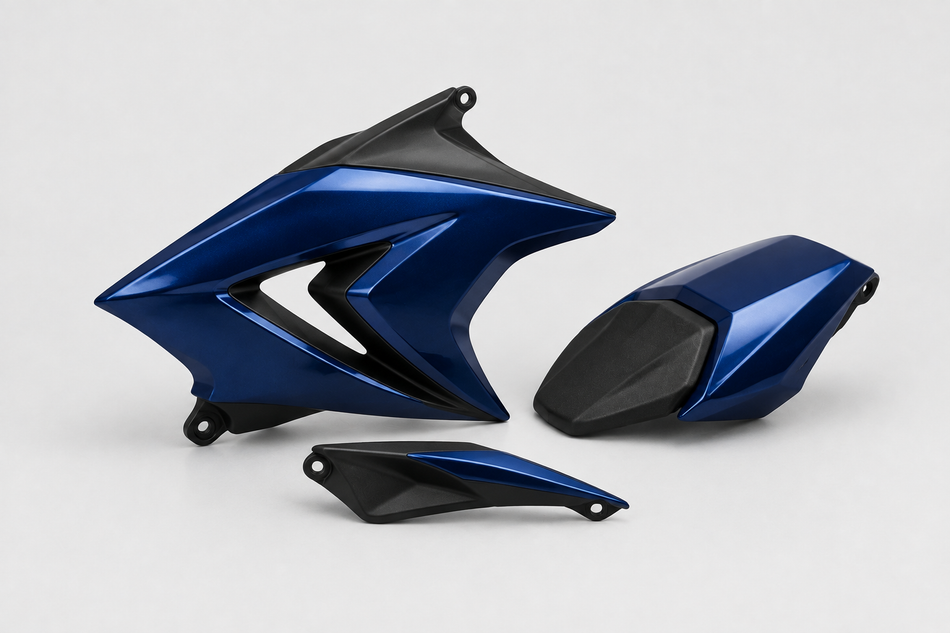 Motorcycle fairing panel seat cowl and bodywork trim on a light grey background.