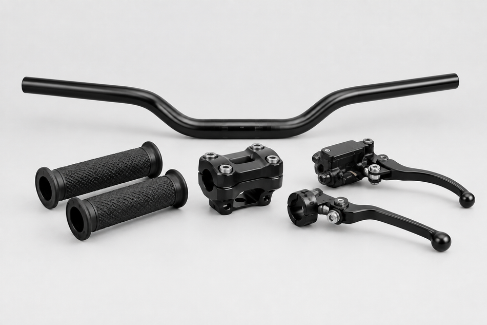 Motorcycle handlebar with rubber grips steering clamp and brake and clutch levers on a light grey background.