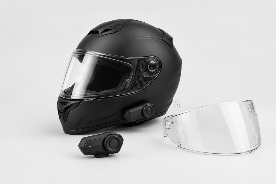 Motorcycle helmet with intercom and clear replacement visor on a light grey background.