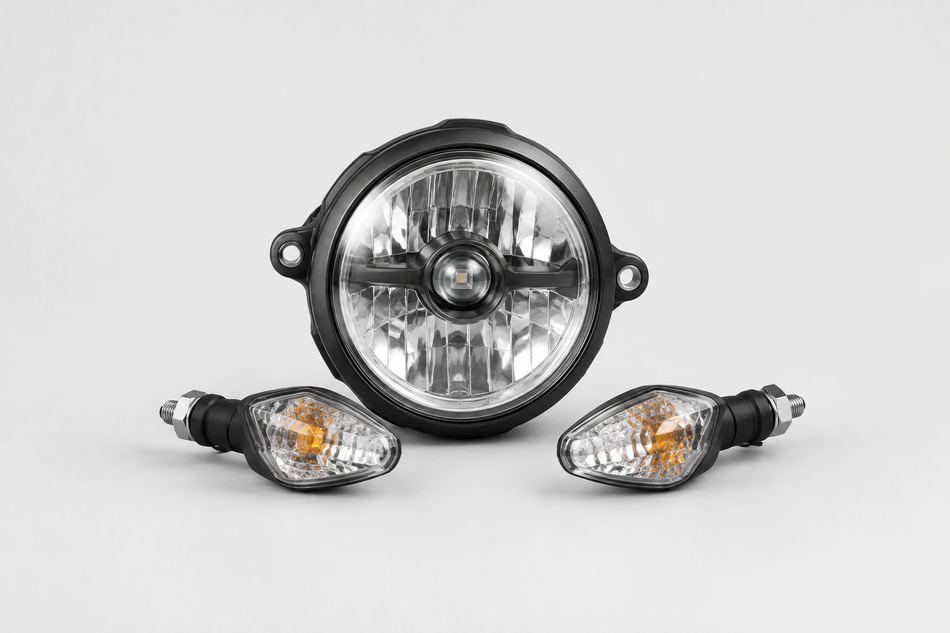 Motorcycle headlamp and indicator lights on a light grey background.