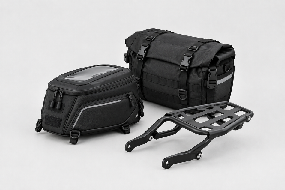Motorcycle tank bag soft pannier and luggage rack on a light grey background.