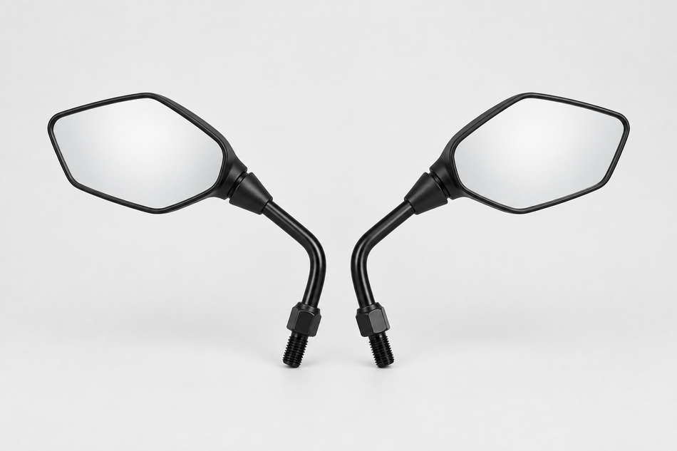 Pair of black motorcycle rear-view mirrors on a light grey background.