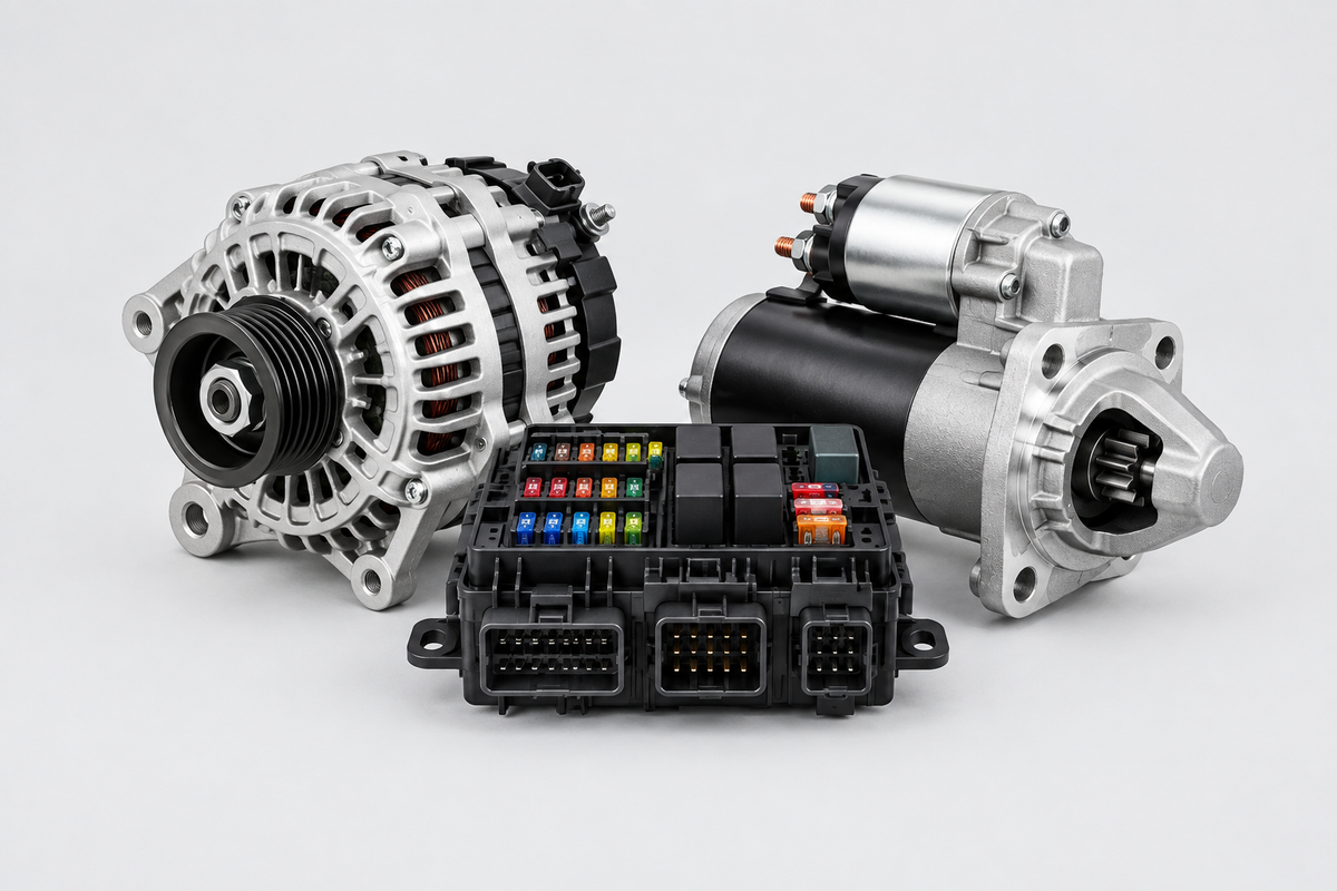 Collection card showing automotive electrical parts centered on a light grey background.