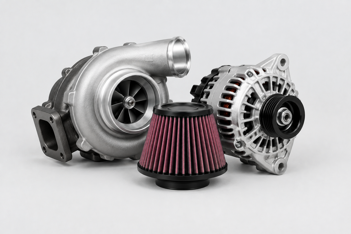 Collection card showing engine parts centered on a light grey background.