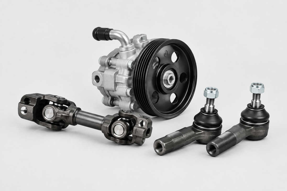 Collection card showing steering parts centered on a light grey background.