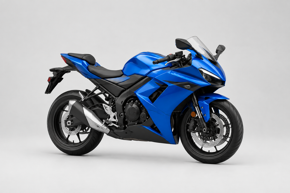 Blue fully faired sport motorcycle on a light studio background for Suzuki Motorcycle Parts.