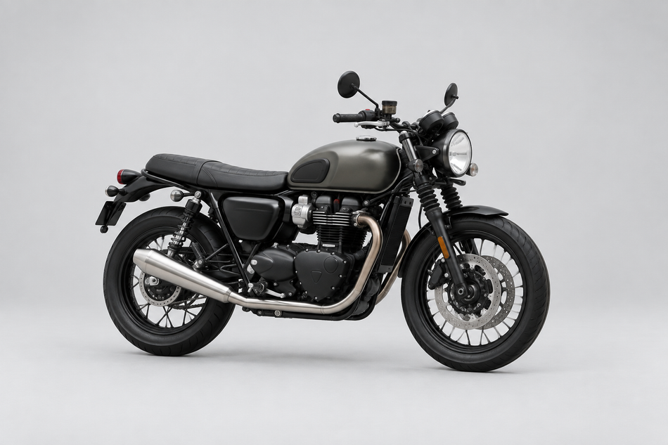Dark modern-classic roadster motorcycle on a light studio background for Triumph Motorcycle Parts.