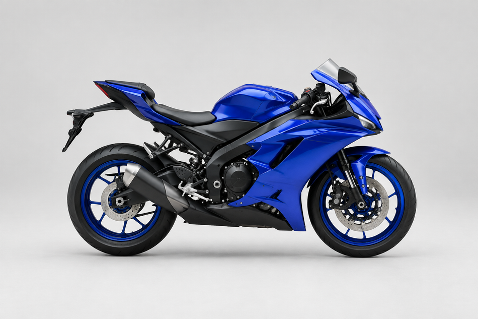 Blue fully faired sport motorcycle on a light studio background for Yamaha Motorcycle Parts.