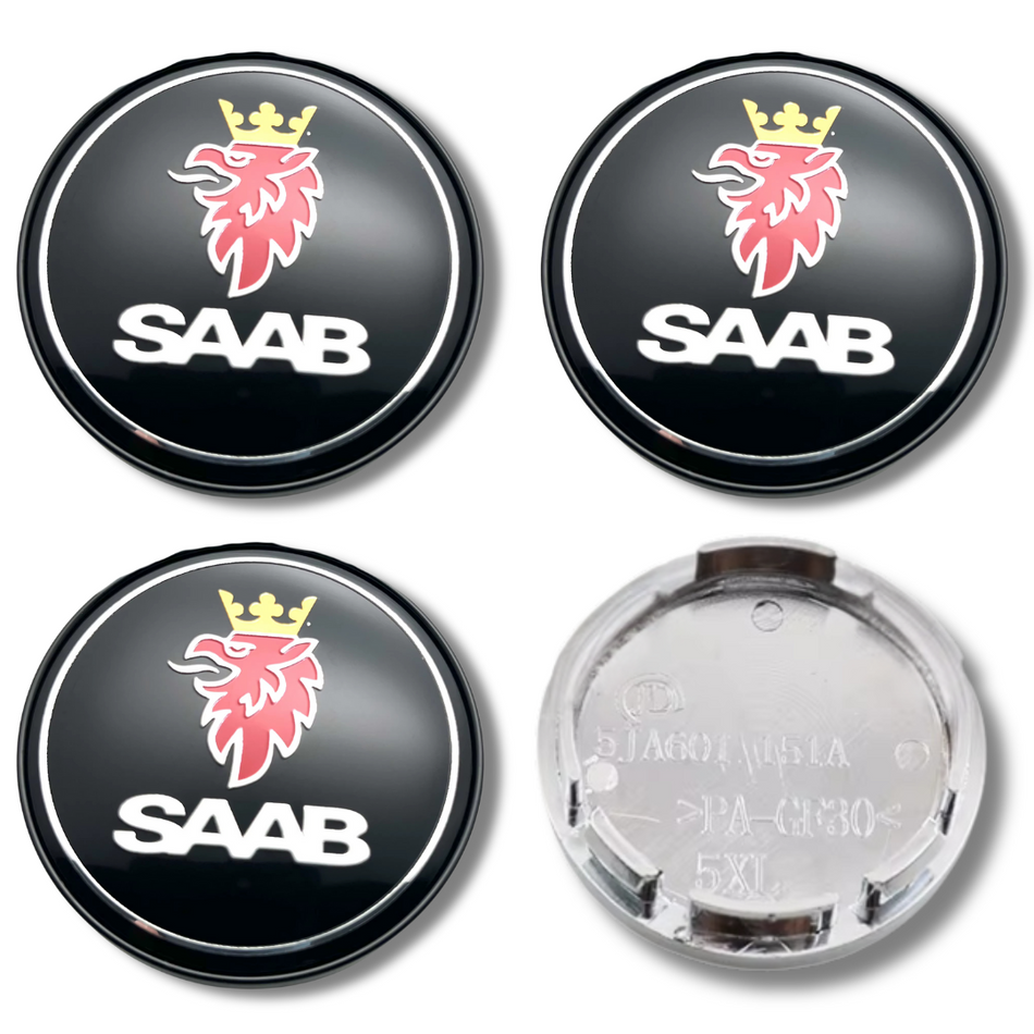 Saab 56mm Black Silver plastic Centre Caps Set, set of 4, OEM 12761078 / 12775052