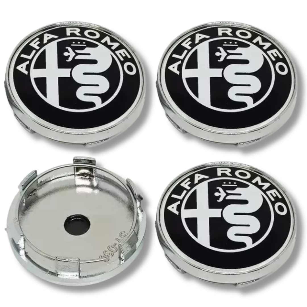 Alfa Romeo 60mm Black Silver plastic Centre Caps Set, set of 4, OEM 50539932