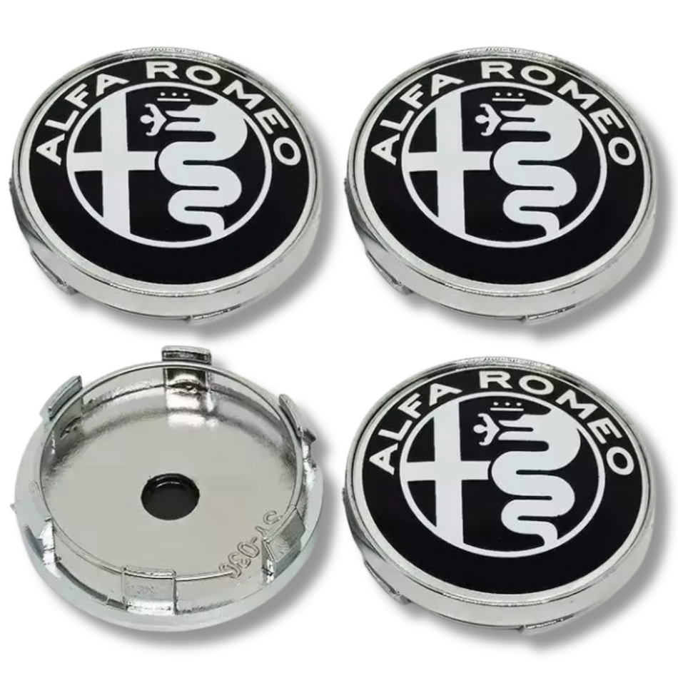 Alfa Romeo 60mm Black Silver plastic Centre Caps Set, set of 4, OEM 50539932
