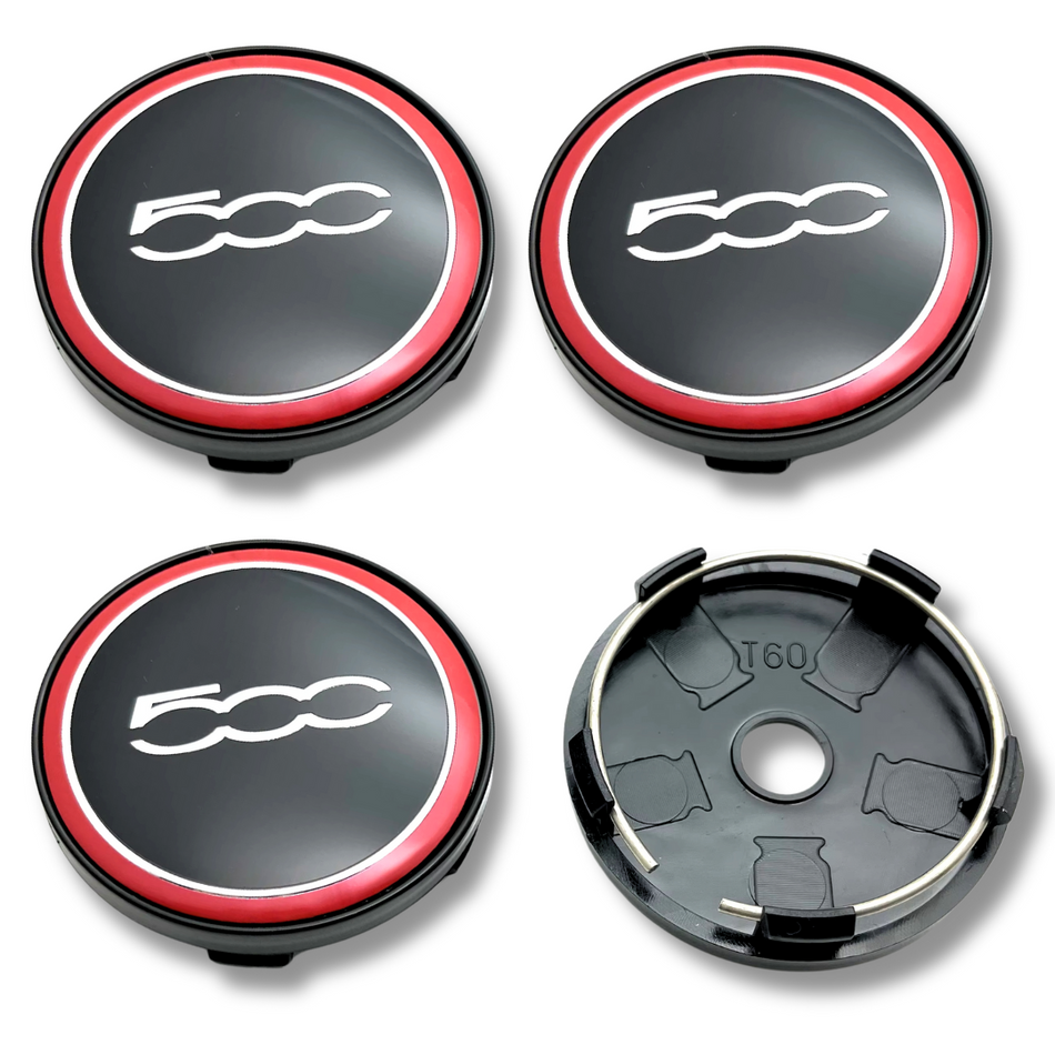 Fiat 60mm Red Black plastic Centre Caps Set, set of 4, OEM 735448759 / 1358877080