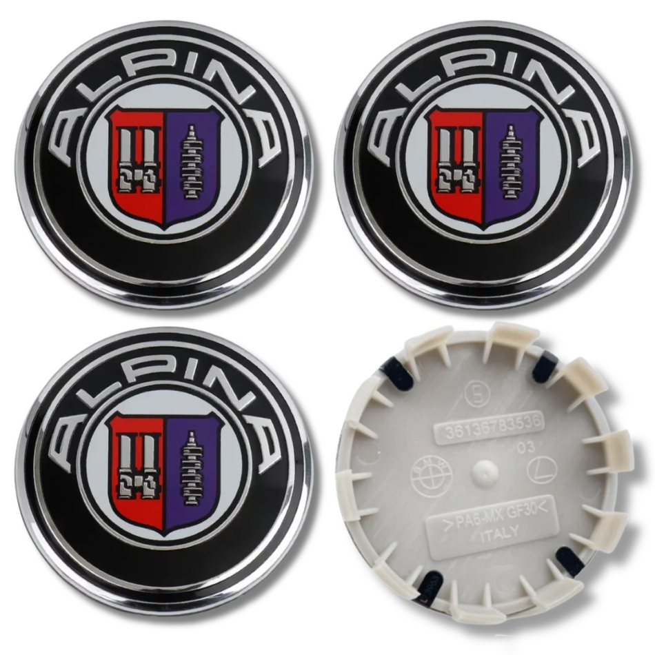 BMW 56mm Black Red plastic Centre Caps Set, set of 4, OEM 36136850834