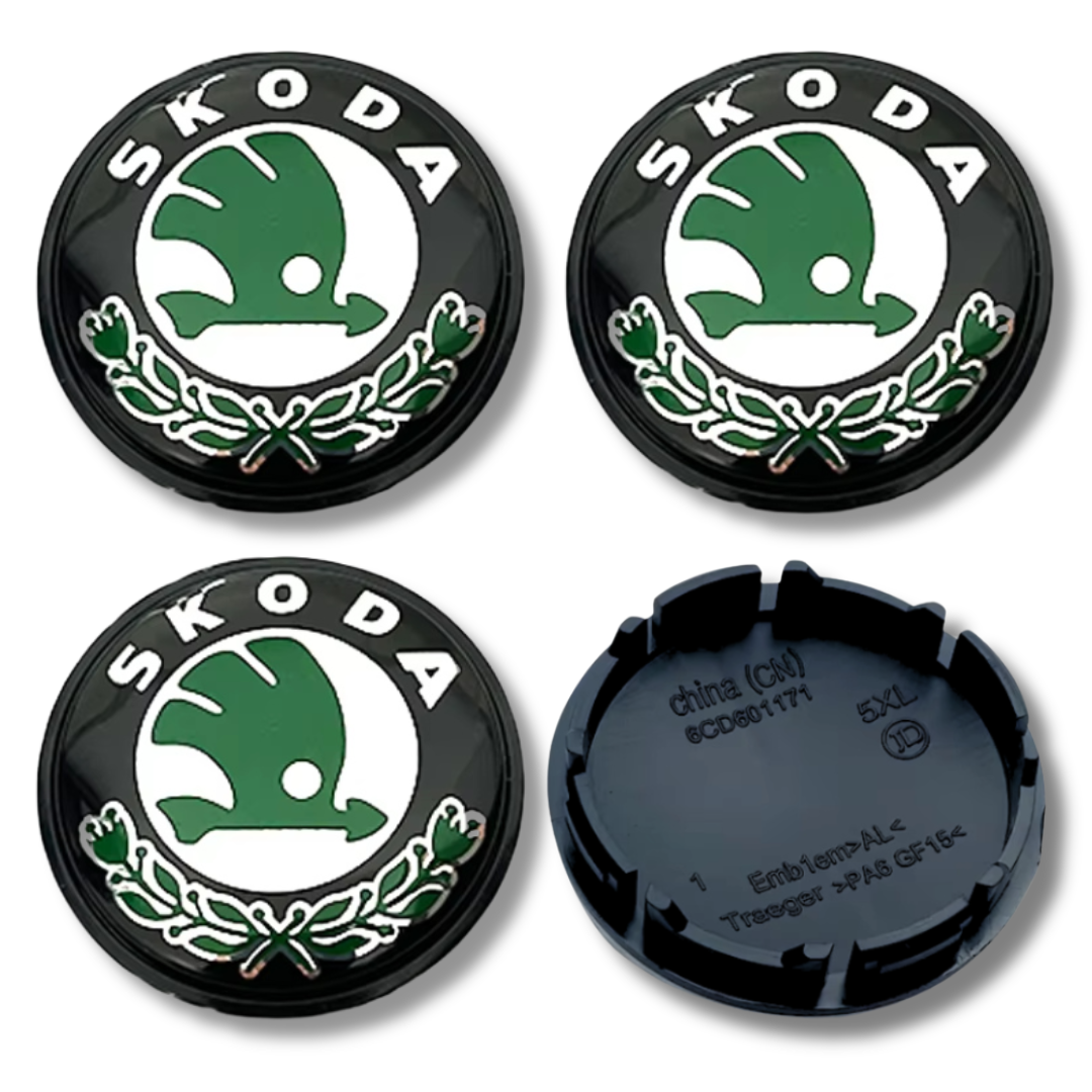 Skoda 56mm Black Green plastic Centre Caps Set, set of 4, OEM 5JA601151A