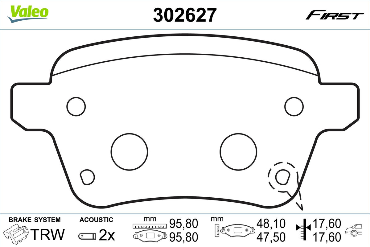 Valeo Rear Brake Pad Set for Fiat, OEM quality, OEM 77366595, MPN 302627