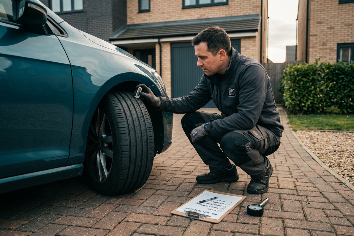Driver checking a tyre on a driveway before an MOT