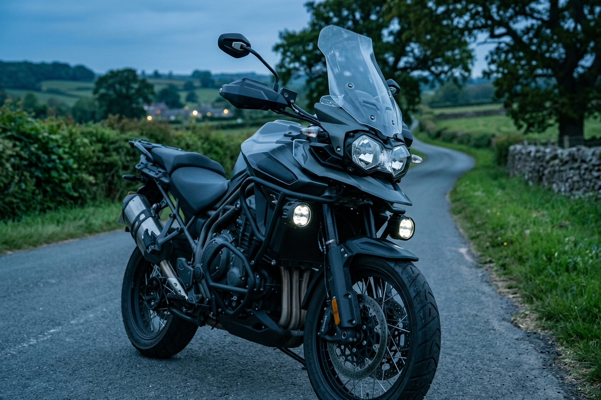 Motorcycle fitted with auxiliary LED driving lights