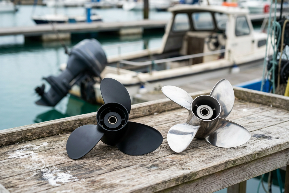 Outboard propellers at a marina