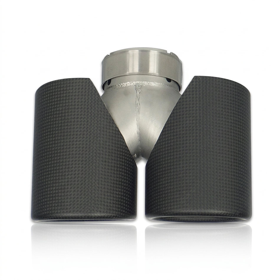 Y-type twin carbon fibre exhaust tip rear view without logos or watermarks