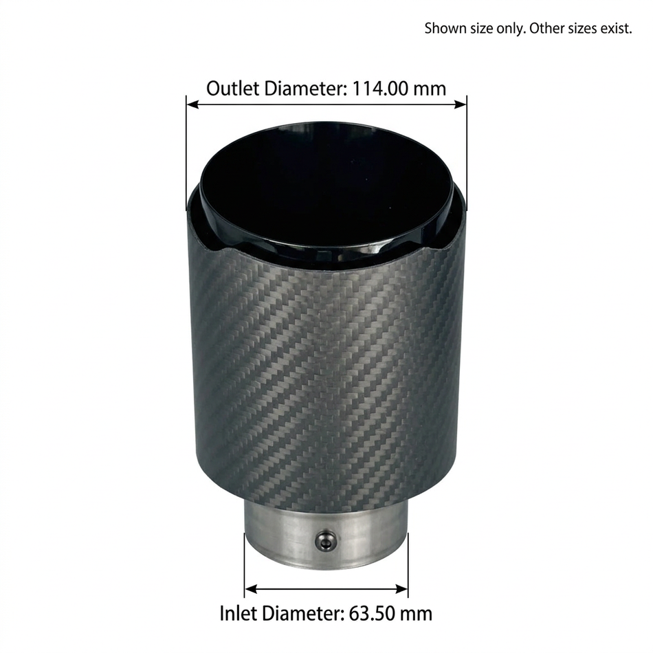 Carbon fibre exhaust tip showing 63.50 mm inlet and 114.00 mm outlet dimensions for shown size