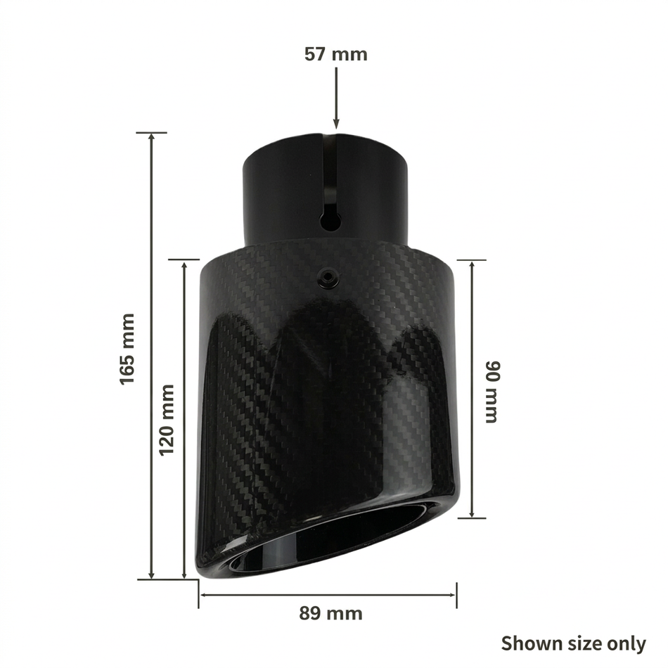 Carbon fibre crimped-edge exhaust tip dimensions showing 57 mm inlet, 89 mm outlet and 165 mm overall height