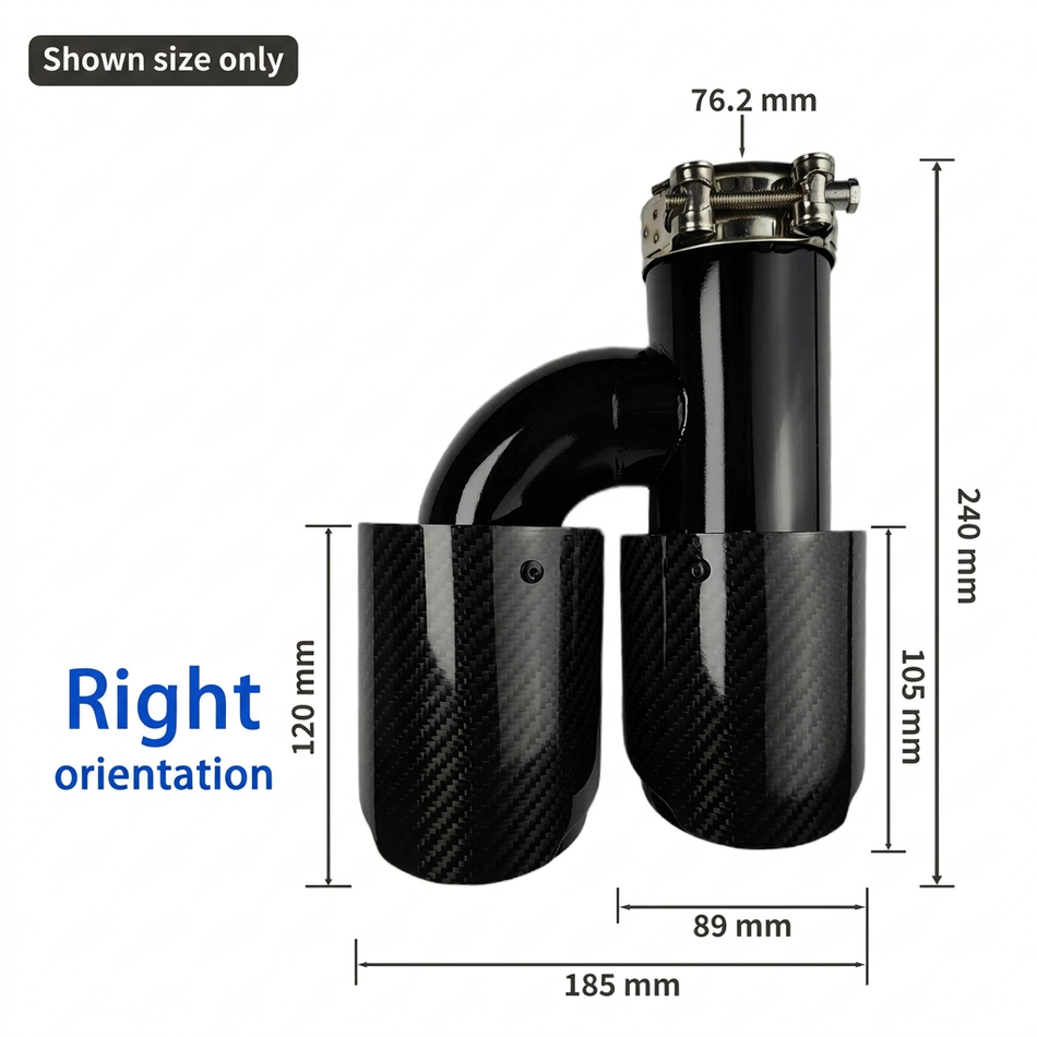 Right-orientation H-shape twin exhaust tip dimensions for shown size