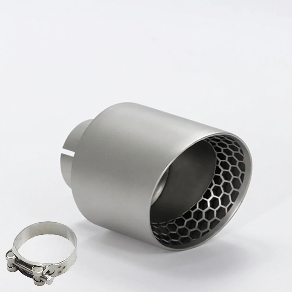Silver honeycomb exhaust tip and included clamp on a white background
