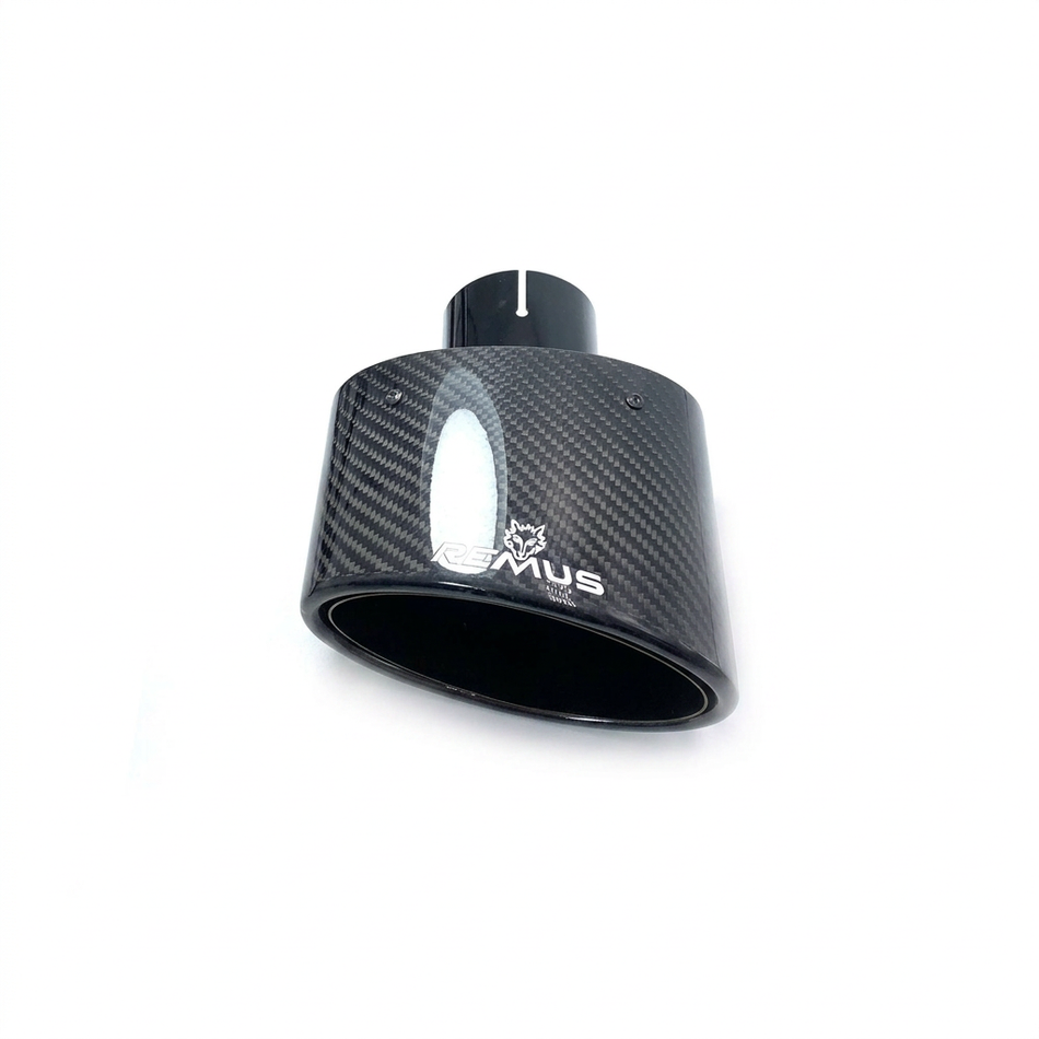 Single large-diameter oval glossy carbon fibre exhaust tip on white