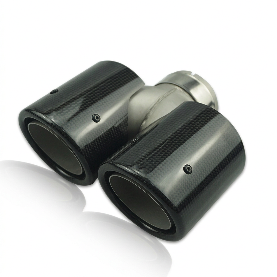 Y-type twin carbon fibre exhaust tip angled view without logos or watermarks