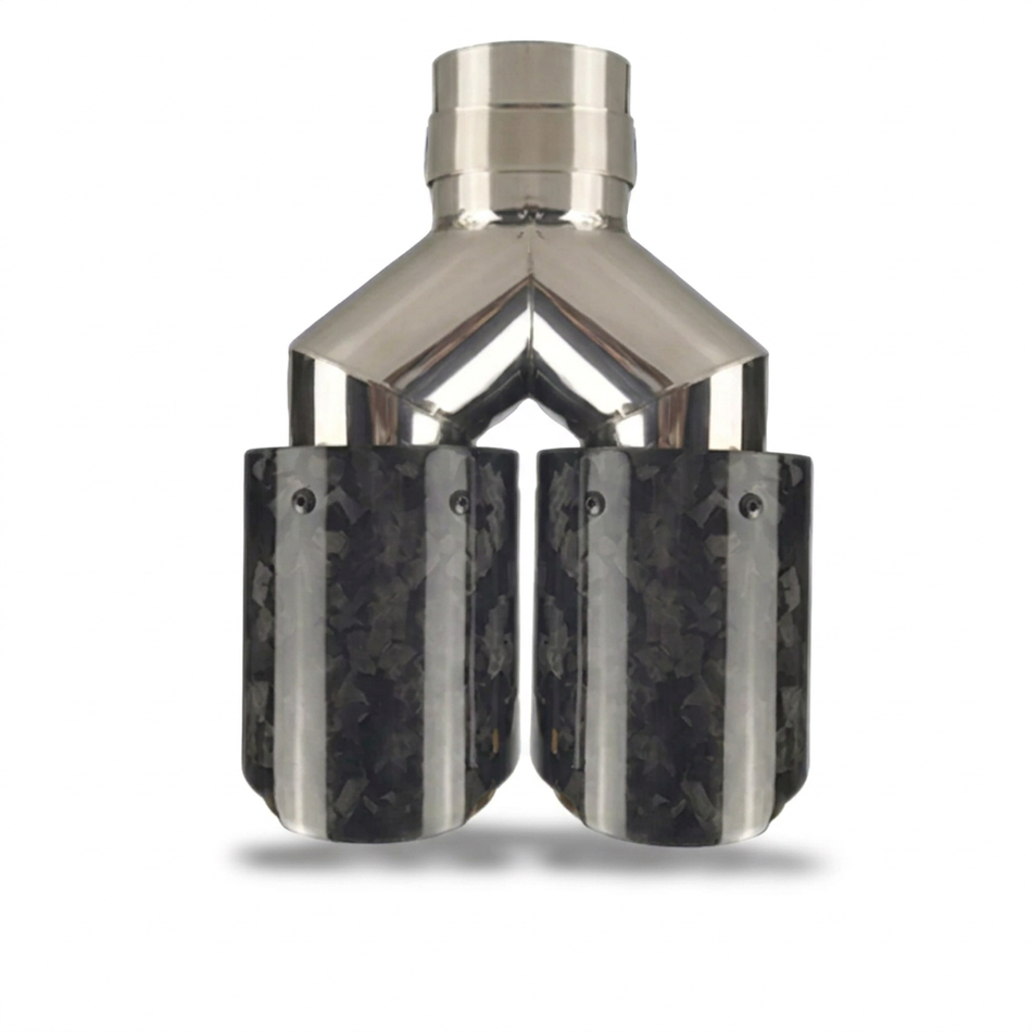 Centred twin forged carbon fibre exhaust tip assembly on white
