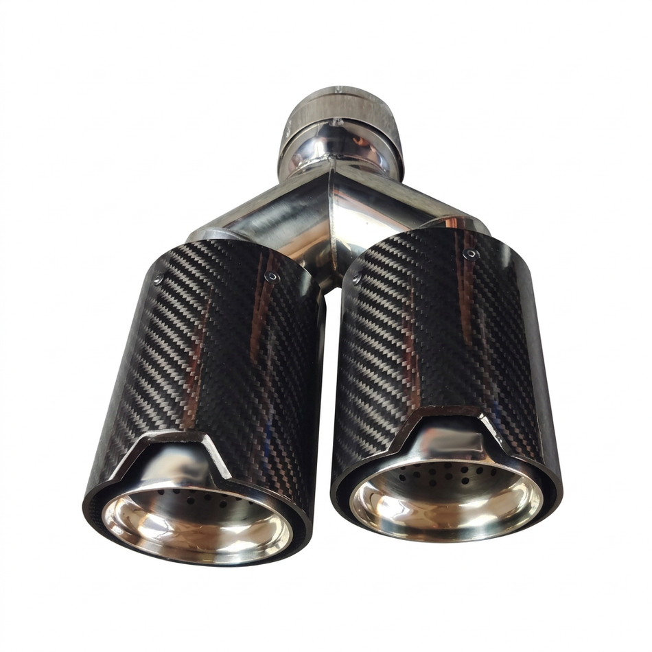 Twin Y-style carbon fibre exhaust tip assembly on a white background