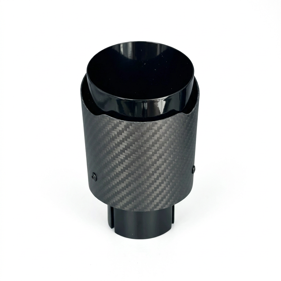 Matte black twill carbon fibre single exhaust tip on white background
