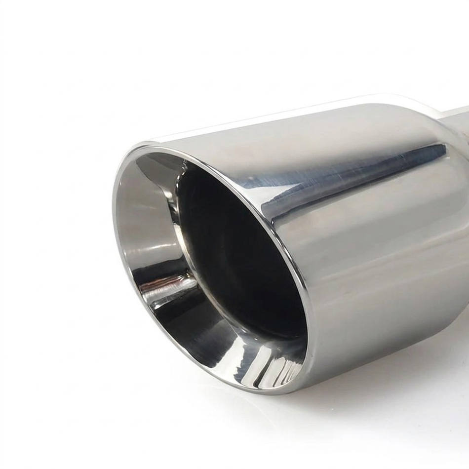 Chrome exhaust outlet close-up on white