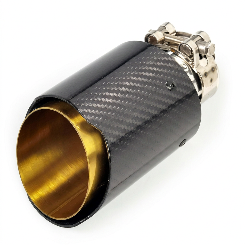 Single gold stainless steel and carbon fibre exhaust tip on white background