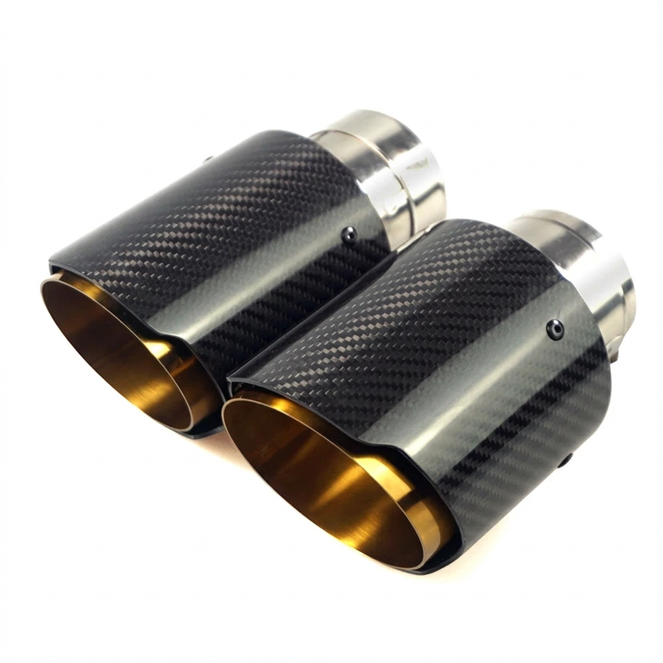 Pair of gold stainless steel and carbon fibre exhaust tips without logos