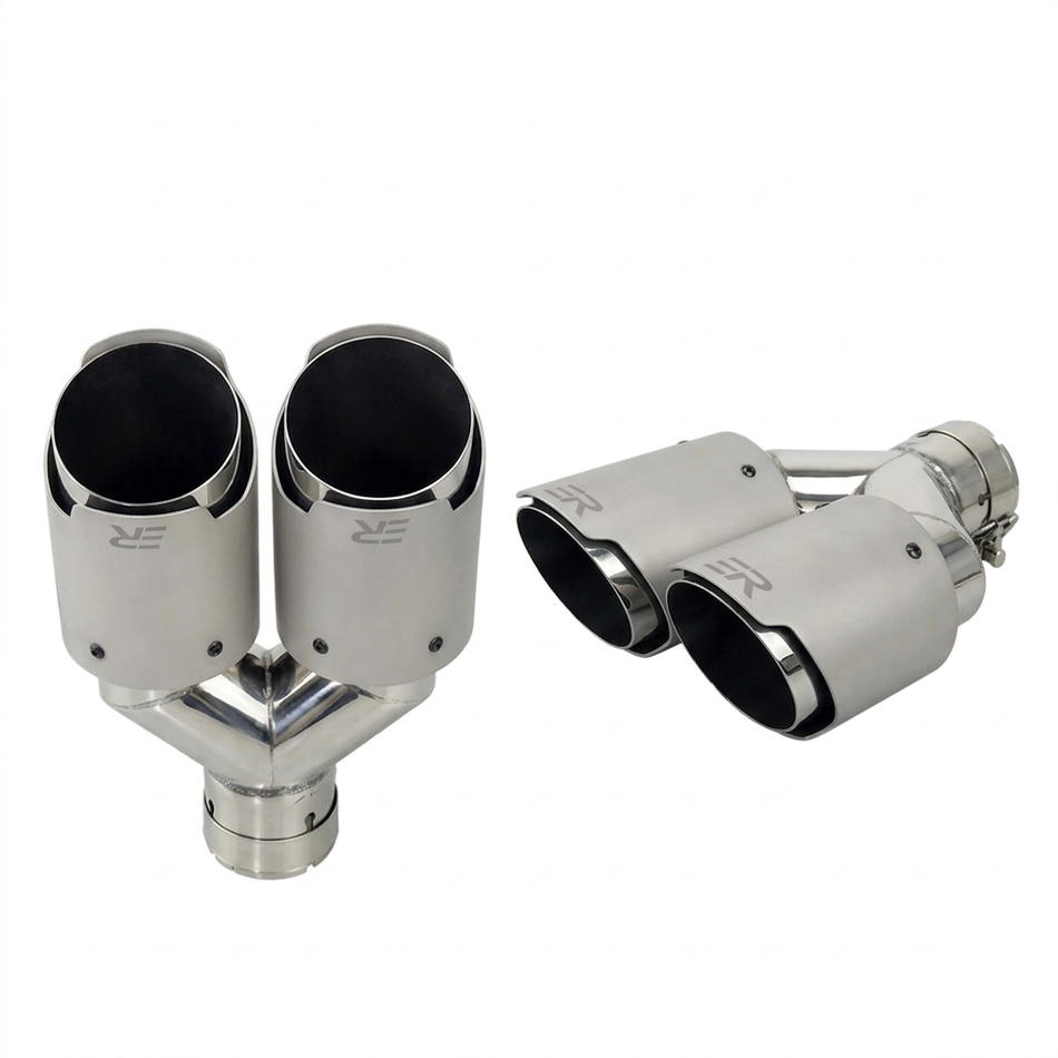 Twin ER matte stainless steel exhaust assemblies on a white background