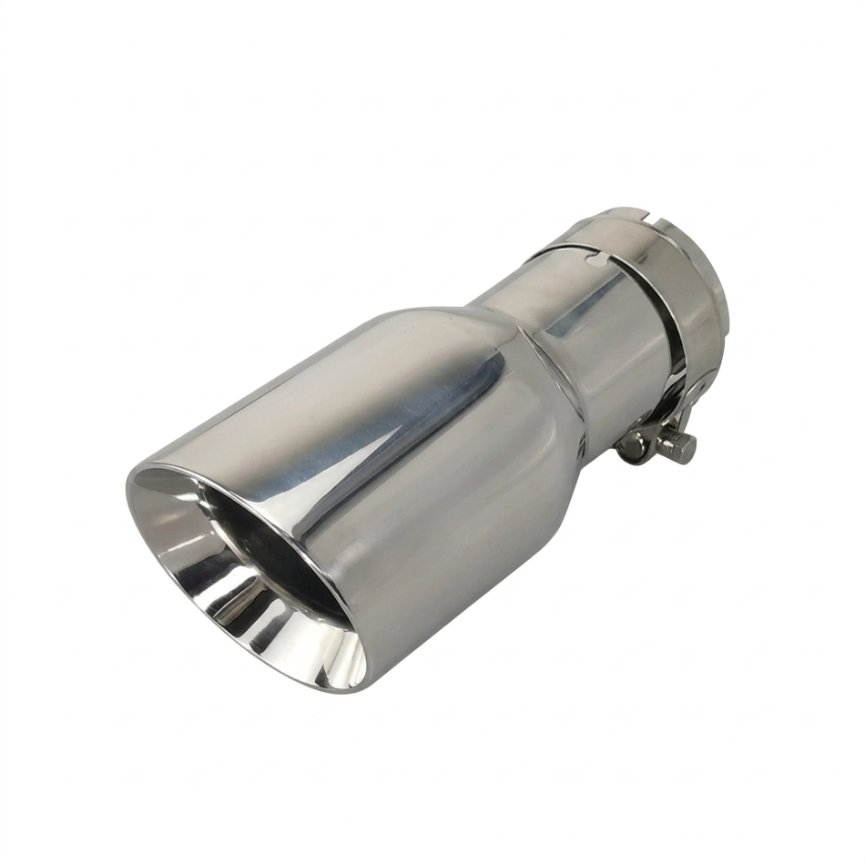Chrome exhaust tip with attached clamp on white