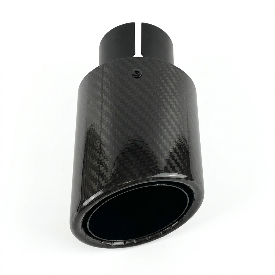 Glossy twill carbon fibre single exhaust tip with crimped edge on white background