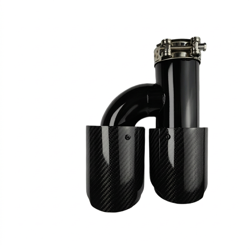 Right-orientation H-shape glossy twill carbon fibre twin exhaust tip on white background