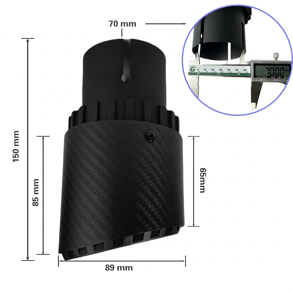 Single carbon fibre exhaust tip with dimension markings